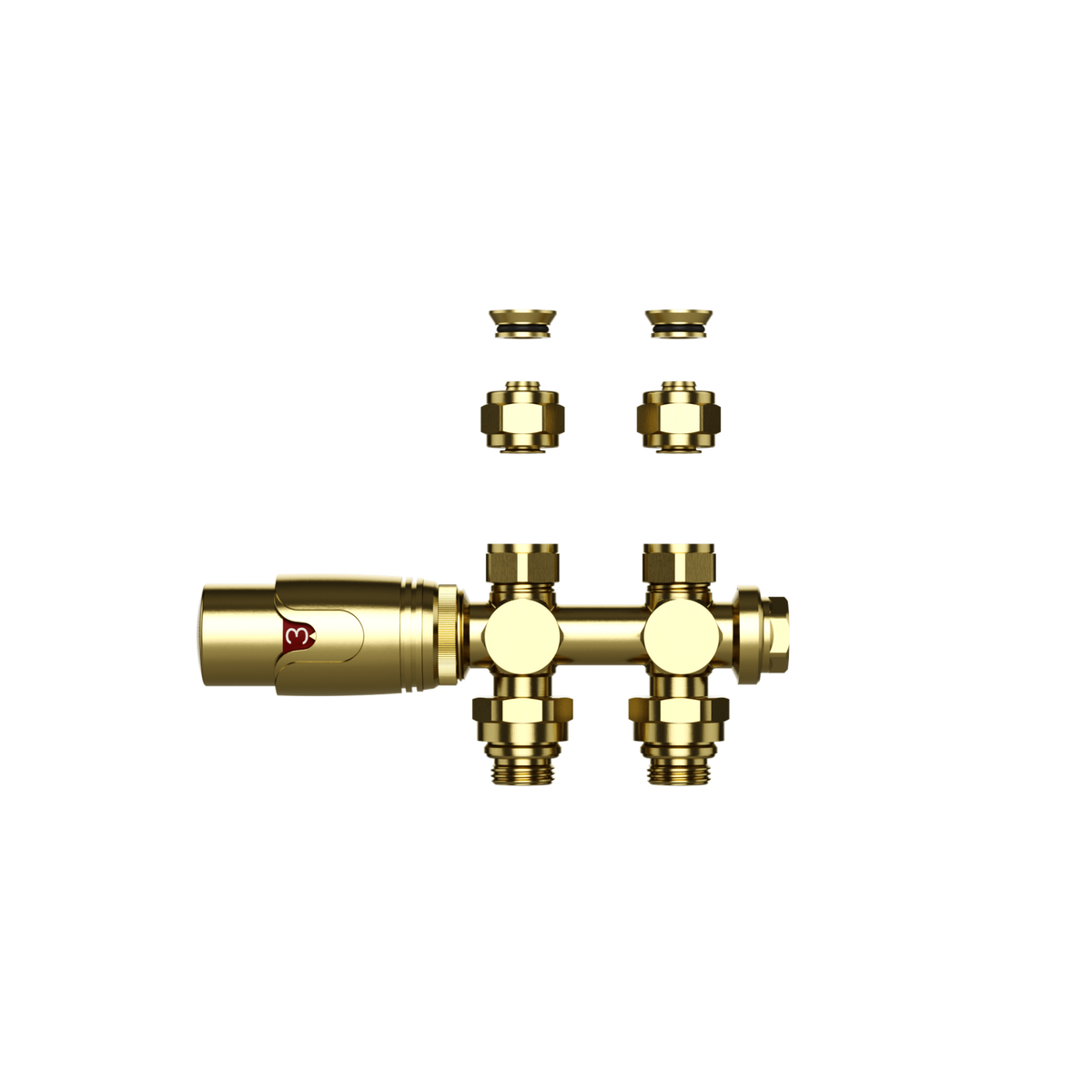 BELRAD RADIATORKRAAN - DESIGN - THERMOSTATISCH - MIDDENAANSLUITING - MUUR-EN VLOERAANSLUITING - GEBORSTELD GOUD
