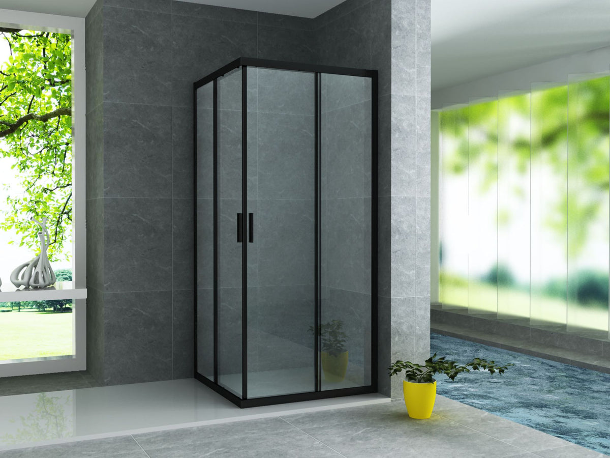 ALONI DOUCHECABINE - HOEKINSTAP MET 2 SCHUIFDEUREN - 900 X 900 X 1950MM - MAT ZWART - HELDER GLAS
