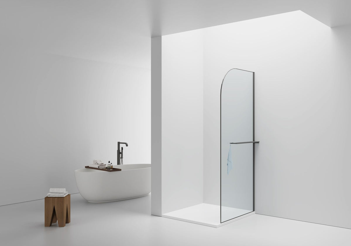 CURVY INLOOPDOUCHE MET HANDDOEKHOUDER - GEBOGEN - MET ANTI-KALKBEHANDELING - OMKEERBAAR - 8MM VEILIGHEIDSGLAS - 100X200CM - GUNMETAL - HELDER GLAS
