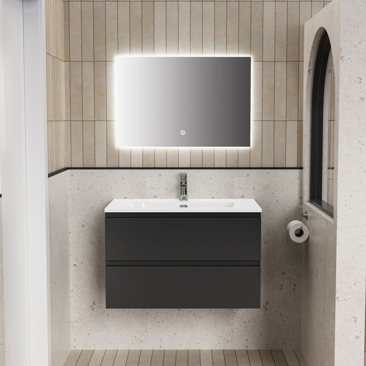 ALONI LIVA BADKAMERMEUBELSET COMPLEET - MET ONDERKAST - MET WASTAFEL - MET LED SPIEGEL - 80CM - MAT ZWART