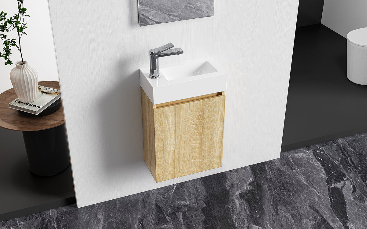 Aloni Zyro Toiletmeubelset - Compleet - Onderkast Met 1 Deur - Greeploos - Soft Close - Omkeerbaar - Spiegel - Fontein - 40,5x22,5 Cm - Licht Eiken/glanzend Wit