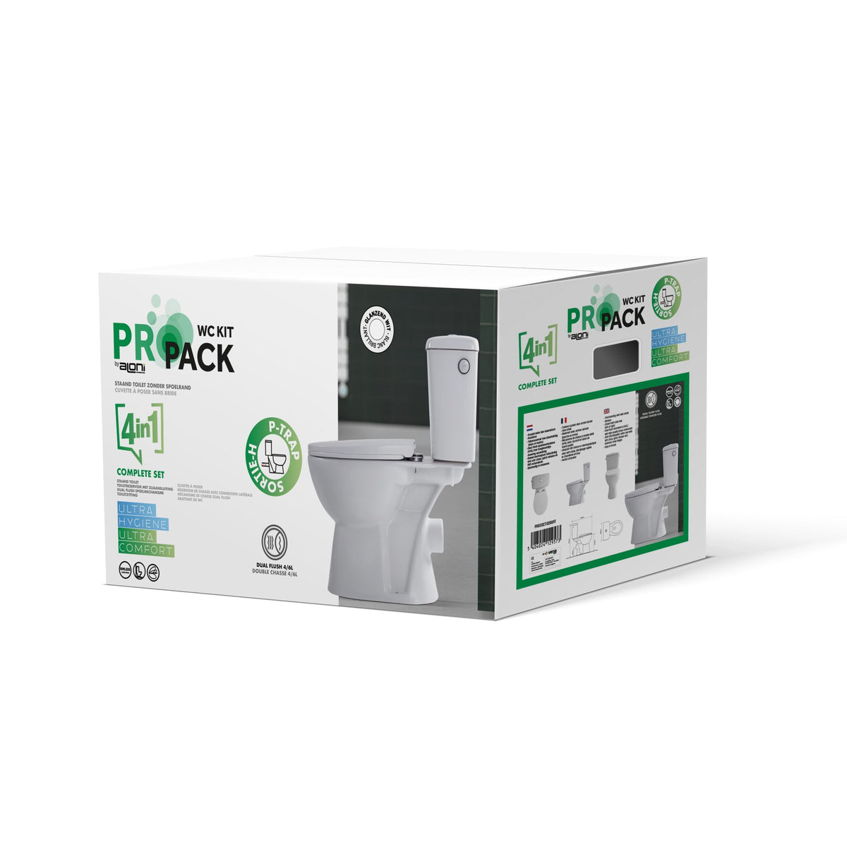 ALONI PRO DUOBLOK - STAAND TOILET - RANDLOOS - P-TRAP - MUURUITLAAT - MET RESERVOIR - MET SPOELMECHANISME - DUBBELE SPOELFUNCTIE 4/6L - MET ZITTING - SOFTCLOSE - QUICK RELEASE - 39X73X67 CM - WIT