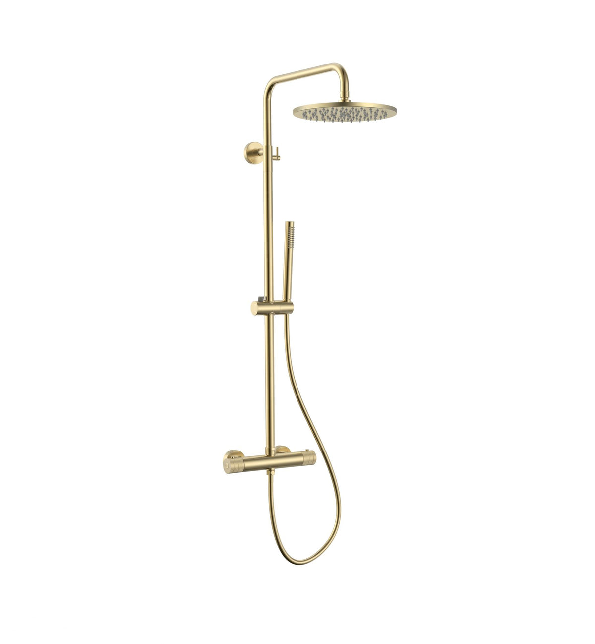 STRIA REGENDOUCHESET - THERMOSTATISCH - COOL TOUCH - HOOFDDOUCHE 30 CM - OPBOUW - KNOPPEN MET VERFIJNDE RIBBELSTRUCTUUR - BELGAQUA - GEBORSTELD GOUD (PVD)