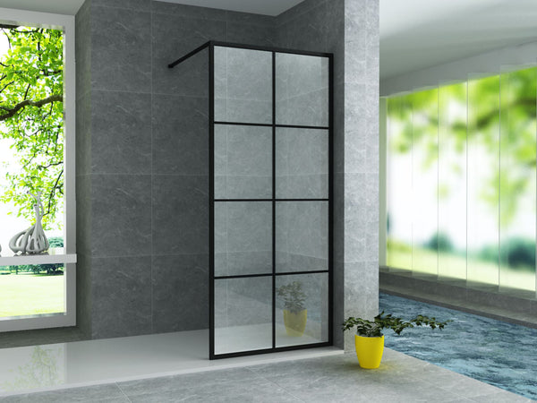 ALONI INLOOPDOUCHE MET RASTER DECOR - 1000 X 2000MM - MAT ZWART - HELDER GLAS