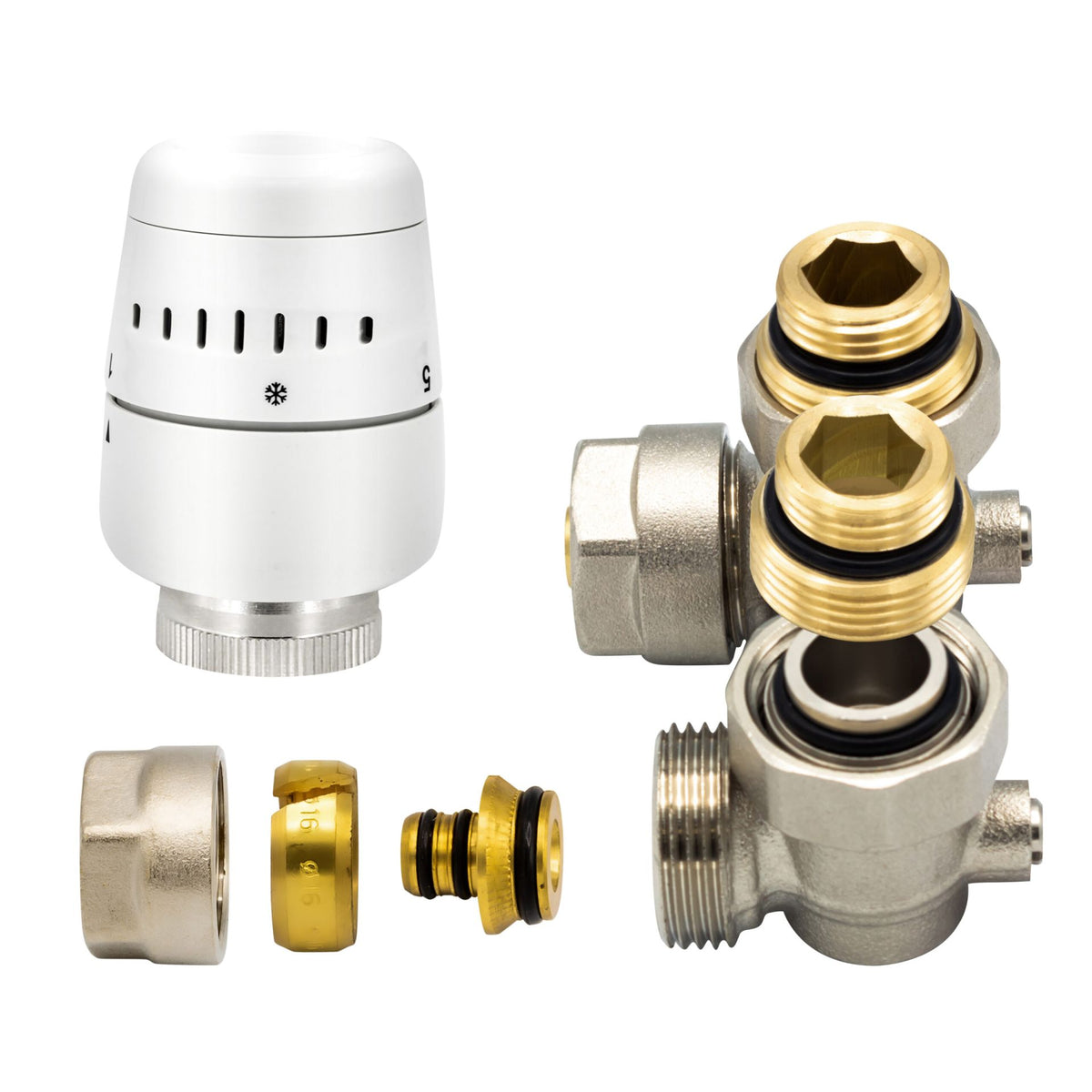 BELRAD H-BLOK - RADIATORAANSLUITSET COMPLEET - MET THERMOSTAATKNOP - HAAKS - MUURAASLUITING - M30 -1/2MX16/2 - NIKKEL/WIT