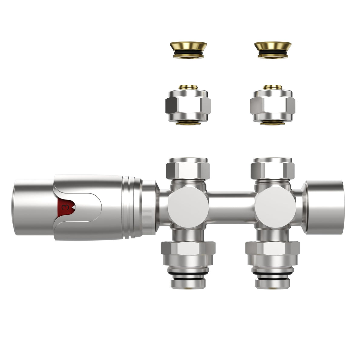 BELRAD RADIATORKRAAN - DESIGN - THERMOSTATISCH - MIDDENAANSLUITING - MUUR-EN VLOERAANSLUITING - GEBORSTELD RVS