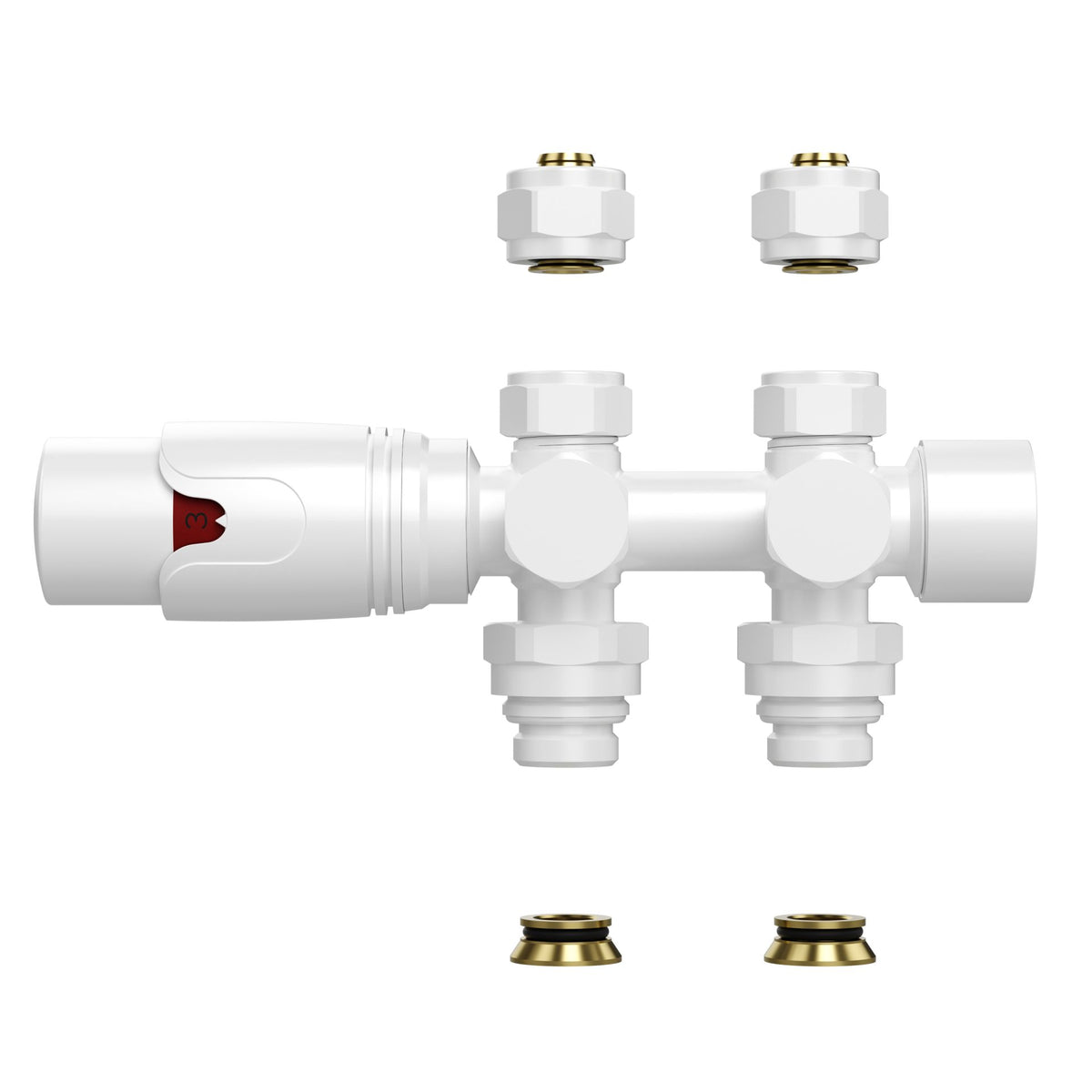 BELRAD RADIATORKRAAN - DESIGN - THERMOSTATISCH - MIDDENAANSLUITING - MUUR-EN VLOERAANSLUITING - GLANZEND WIT