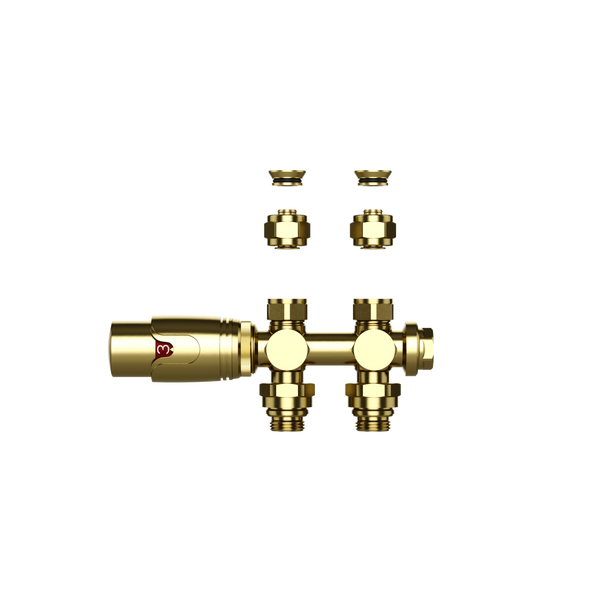 BELRAD RADIATORKRAAN - DESIGN - THERMOSTATISCH - MIDDENAANSLUITING - MUUR-EN VLOERAANSLUITING - GEBORSTELD GOUD