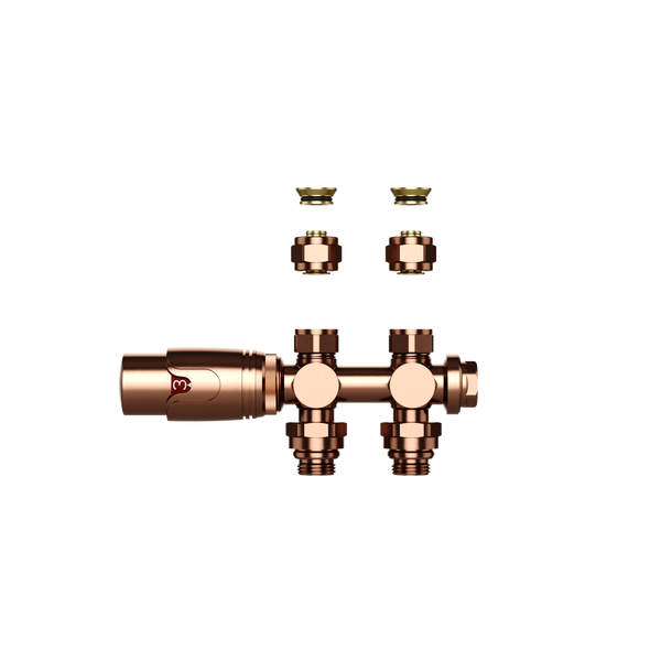 BELRAD RADIATORKRAAN - DESIGN - THERMOSTATISCH - MIDDENAANSLUITING - MUUR-EN VLOERAANSLUITING - GEBORSTELD KOPER
