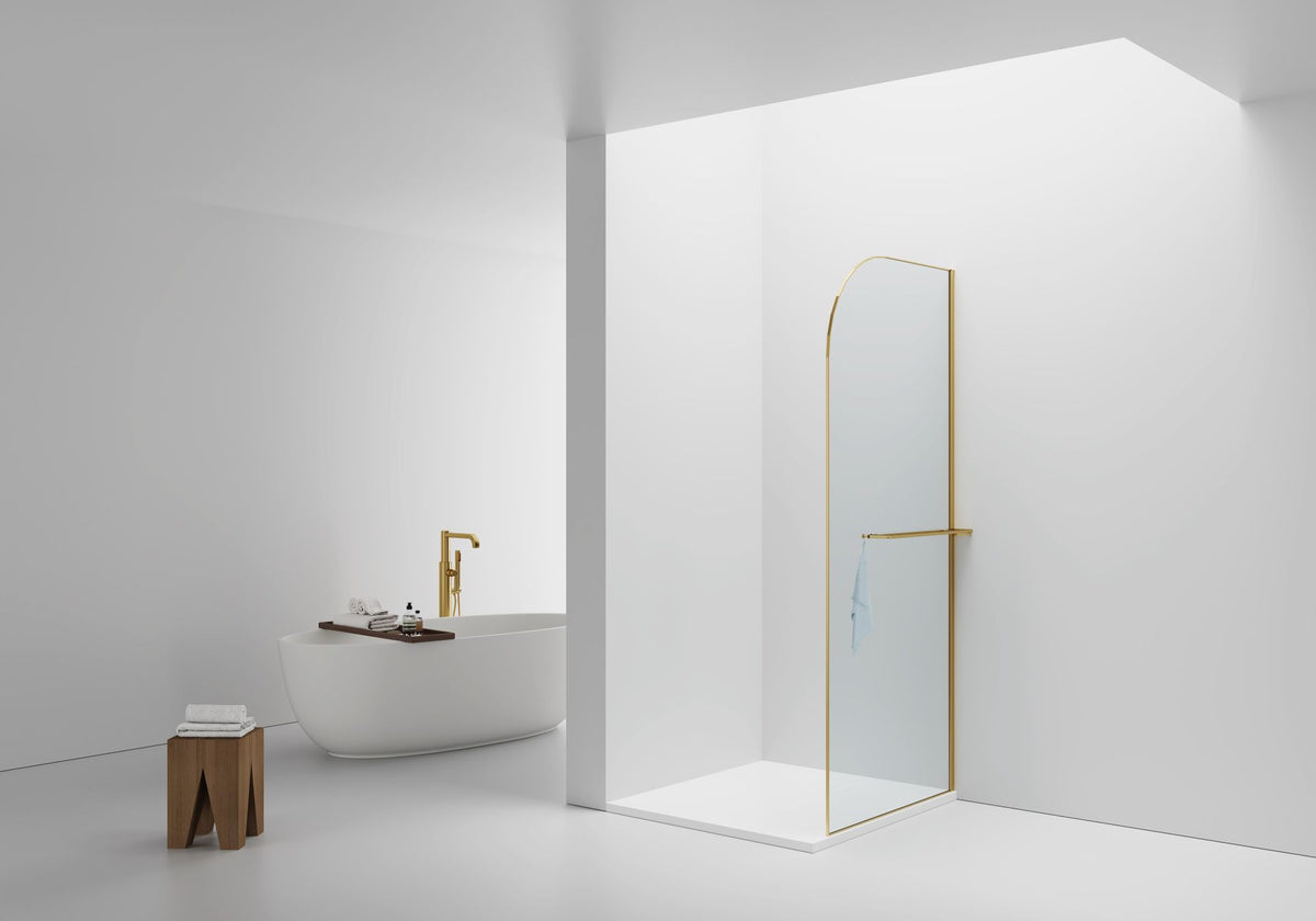 CURVY INLOOPDOUCHE MET HANDDOEKHOUDER - GEBOGEN - MET ANTI-KALKBEHANDELING - OMKEERBAAR - 8MM VEILIGHEIDSGLAS - 100X200CM - GEBORSTELD GOUD - HELDER GLAS