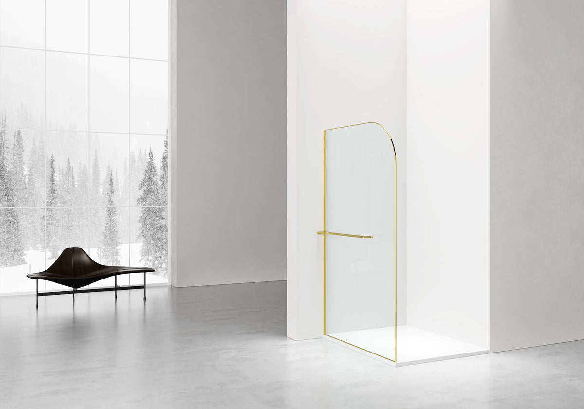 CURVY INLOOPDOUCHE MET HANDDOEKHOUDER - GEBOGEN - MET ANTI-KALKBEHANDELING - OMKEERBAAR - 8MM VEILIGHEIDSGLAS - 120X200CM - GEBORSTELD GOUD - HELDER GLAS