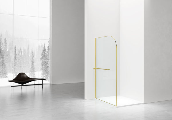 CURVY INLOOPDOUCHE MET HANDDOEKHOUDER - GEBOGEN - MET ANTI-KALKBEHANDELING - OMKEERBAAR - 8MM VEILIGHEIDSGLAS - 120X200CM - GEBORSTELD GOUD - HELDER GLAS