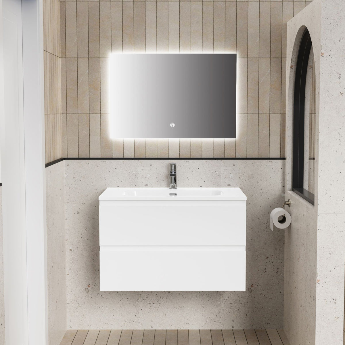 ALONI LIVA BADKAMERMEUBELSET COMPLEET - MET ONDERKAST - MET WASTAFEL - MET LED SPIEGEL - 80CM - GLANZEND WIT