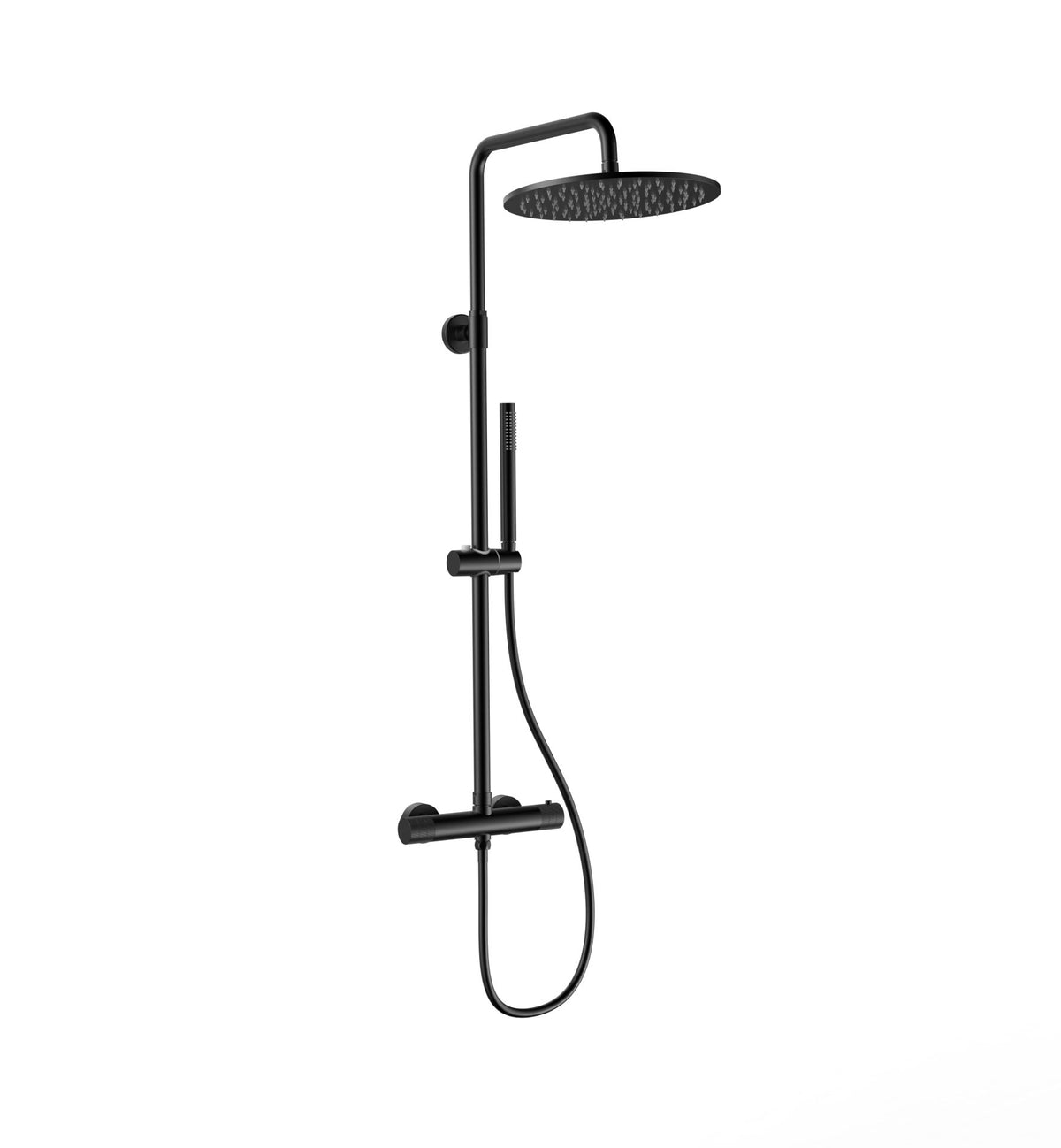 STRIA REGENDOUCHESET - THERMOSTATISCH - COOL TOUCH - HOOFDDOUCHE 30 CM - OPBOUW - KNOPPEN MET VERFIJNDE RIBBELSTRUCTUUR - BELGAQUA - MAT ZWART (PVD)