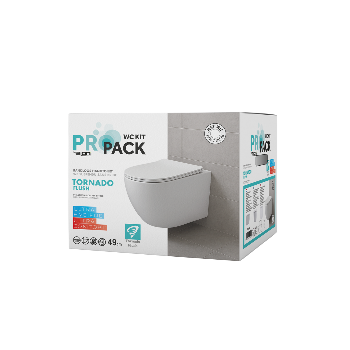 ALONI PRO HANGTOILET - TORNADO FLUSH - RANDLOOS - MET ZITTING - DUROPLAST - SOFT CLOSE - QUICK RELEASE - COMPACT 49 CM - 36X32X49 CM - MAT WIT