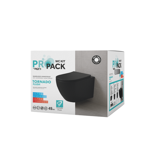 ALONI PRO HANGTOILET - TORNADO FLUSH - RANDLOOS - MET ZITTING - DUROPLAST - SOFT CLOSE - QUICK RELEASE - COMPACT 49 CM - 36X32X49 CM - MAT ZWART