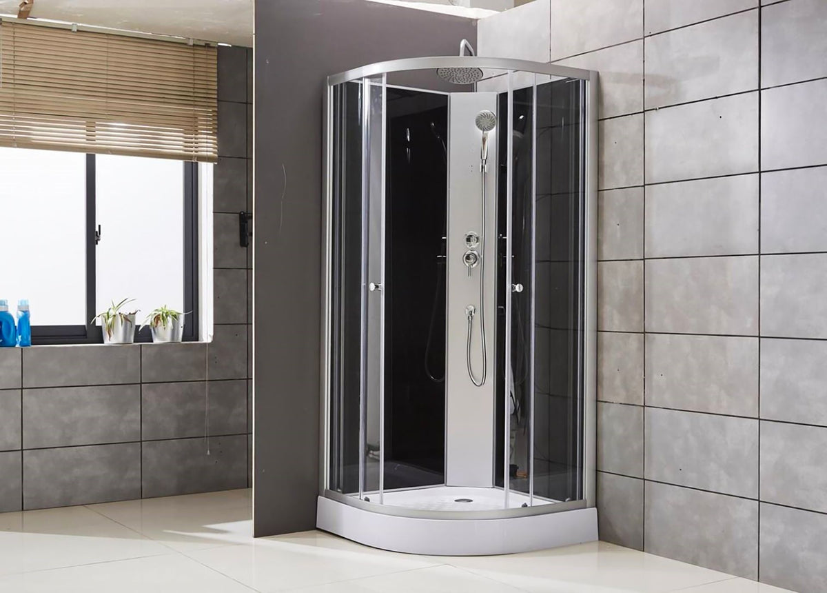 ALONI COMPLETE DOUCHECABINE KWARTROND - MET REGENDOUCHE - 90X220X90 CM - MAT CHROOM - ACHTERPANELEN IN ZWART GLAS - SCHUIFDEUREN IN HELDER GLAS