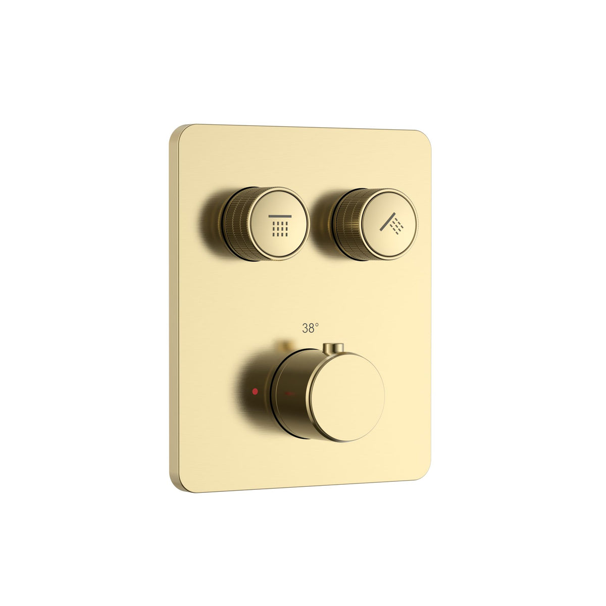 STRIA DOUCHEMENGKRAAN - 2 WEG - THERMOSTATISCH - DRUKNOPPEN MET VERFIJNDE RIBBELSTRUCTUUR - MET INBOUWBOX EN AFBOUWDEEL - RECHTHOEKIG - BELGAQUA - GEBORSTELD GOUD (PVD)