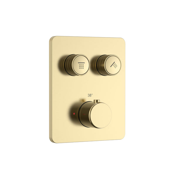 STRIA DOUCHEMENGKRAAN - 2 WEG - THERMOSTATISCH - DRUKNOPPEN MET VERFIJNDE RIBBELSTRUCTUUR - MET INBOUWBOX EN AFBOUWDEEL - RECHTHOEKIG - BELGAQUA - GEBORSTELD GOUD (PVD)