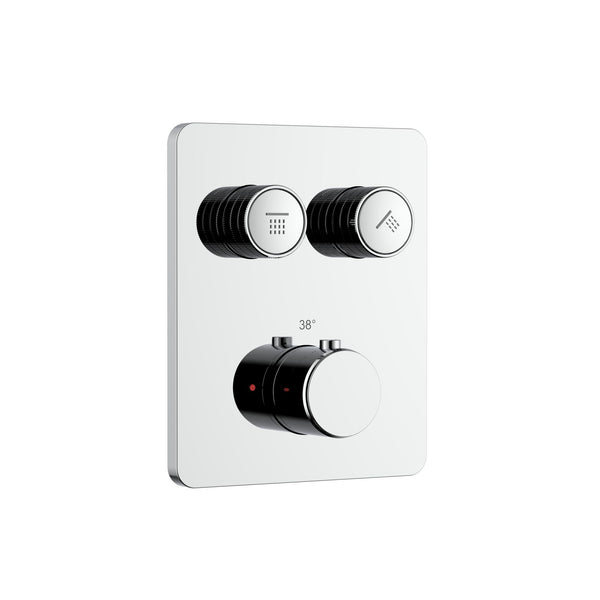 STRIA DOUCHEMENGKRAAN - 2 WEG - THERMOSTATISCH - DRUKNOPPEN MET VERFIJNDE RIBBELSTRUCTUUR - MET INBOUWBOX EN AFBOUWDEEL - RECHTHOEKIG - BELGAQUA - CHROOM