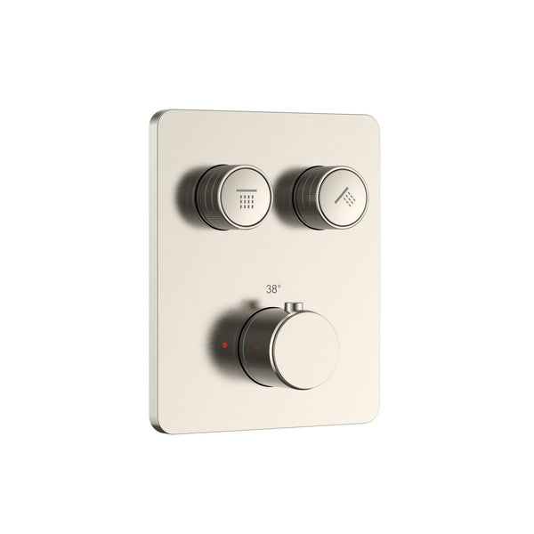 STRIA DOUCHEMENGKRAAN - 2 WEG - THERMOSTATISCH - DRUKNOPPEN MET VERFIJNDE RIBBELSTRUCTUUR - MET INBOUWBOX EN AFBOUWDEEL - RECHTHOEKIG - BELGAQUA - GEBORSTELD RVS