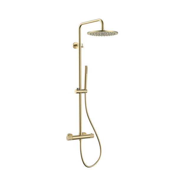 STRIA REGENDOUCHESET - THERMOSTATISCH - COOL TOUCH - HOOFDDOUCHE 30 CM - OPBOUW - KNOPPEN MET VERFIJNDE RIBBELSTRUCTUUR - BELGAQUA - GEBORSTELD GOUD (PVD)